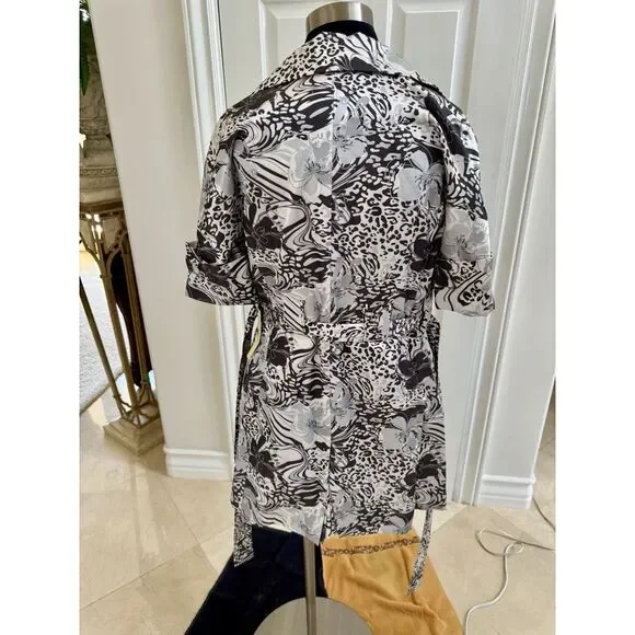 NWT VERTIGO Paris‎ Trench Pea Coat Belted Short Sleeve Double Breasted B &W Sz S